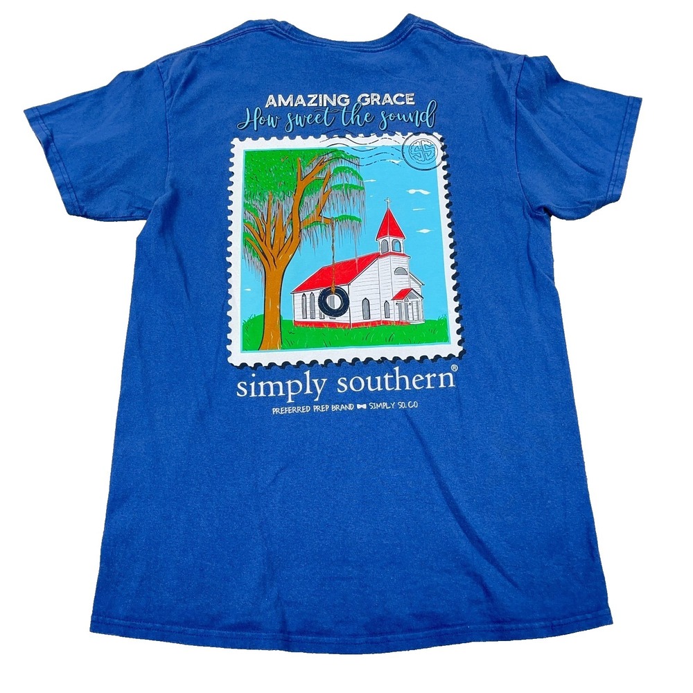 Simply Southern Shirt Women Medium Blue Tee Church Christian God Religion‎